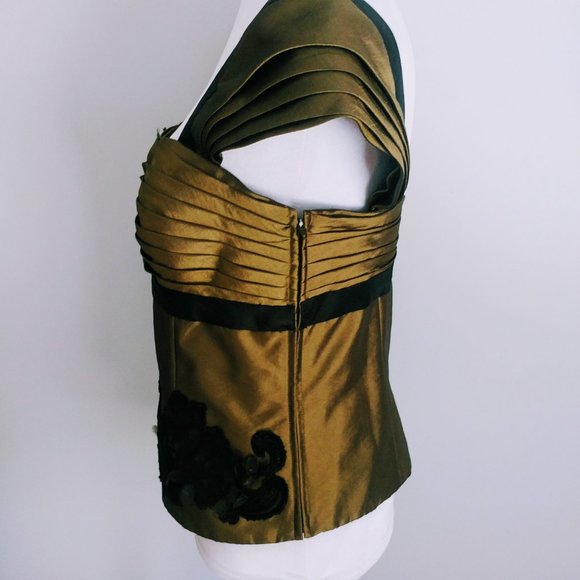 Y2K Olive & Black  Taffeta Satin Floral Applique Blouse Cap Sleeves Square Neck - Picture 6 of 9